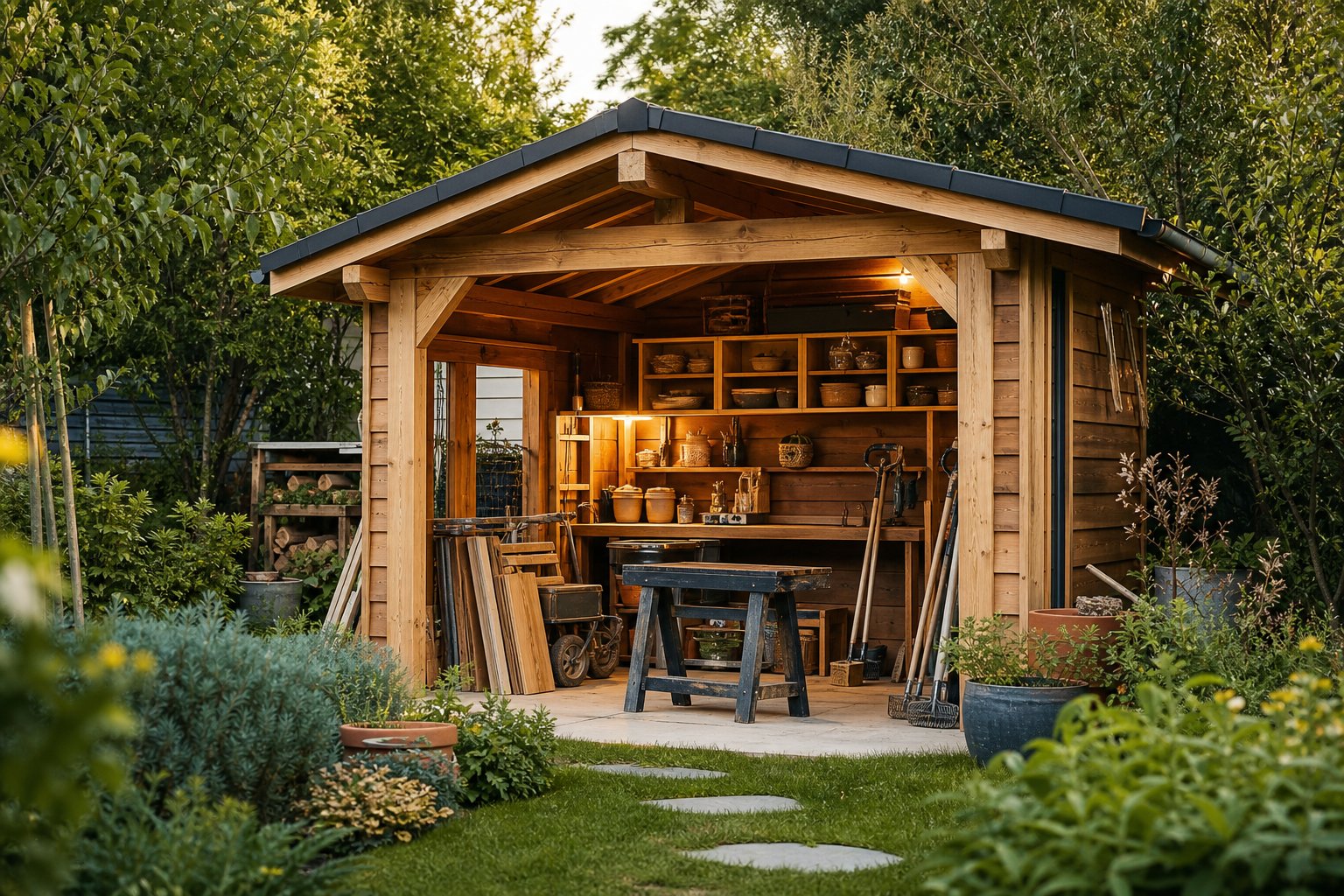 Abri de jardin pratique et esthetique en bois dans espace vert