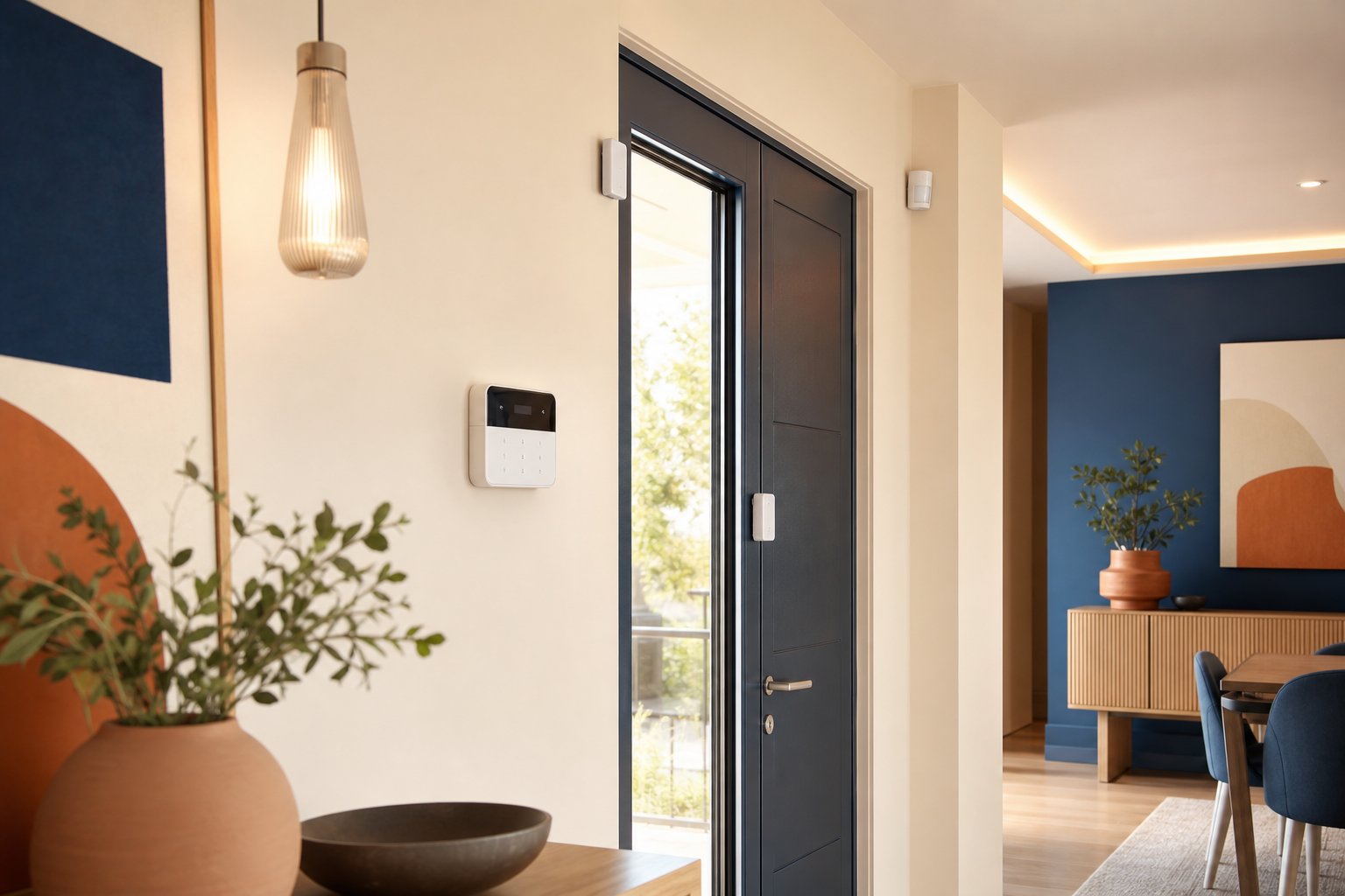 Systeme d alarme sans fil avec capteurs sur porte dans interieur lumineux moderne