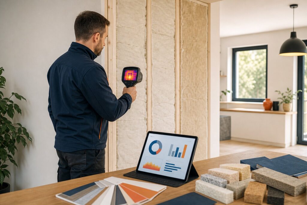 Auditeur energetique avec camera thermique inspectant maison et mur isole