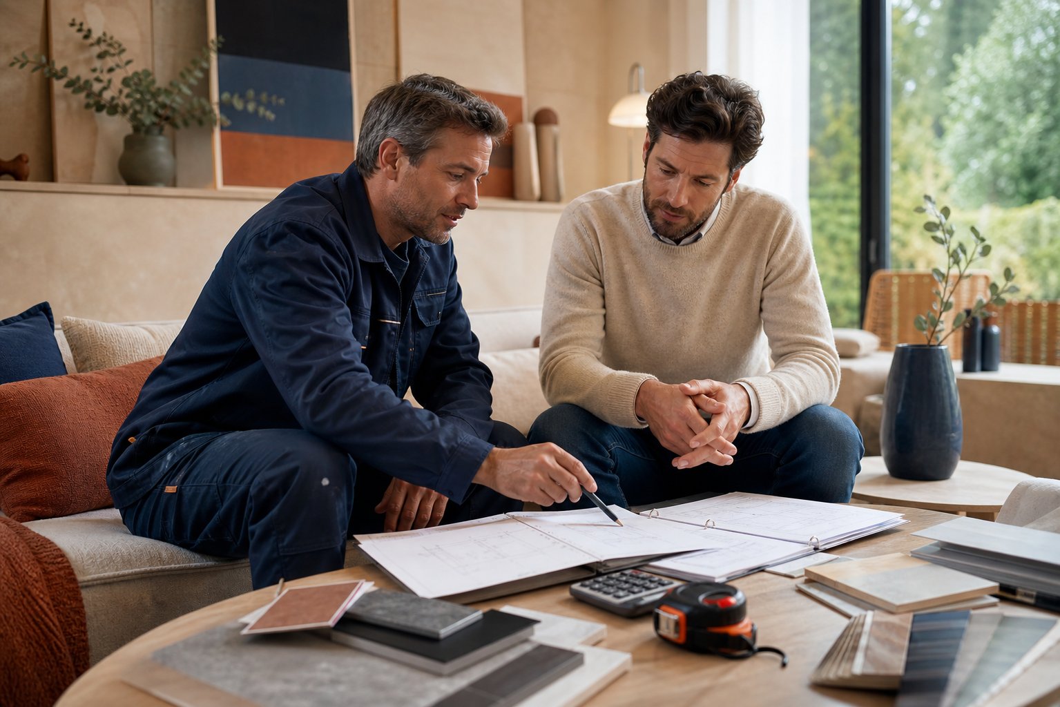 Intérieur lumineux avec dossier de devis travaux et plans techniques sur table