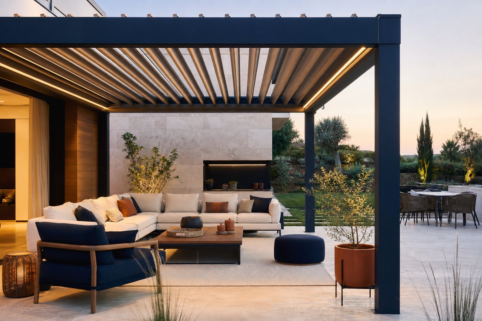 Pergola bioclimatique design avec lames orientables lumiere naturelle sur terrasse
