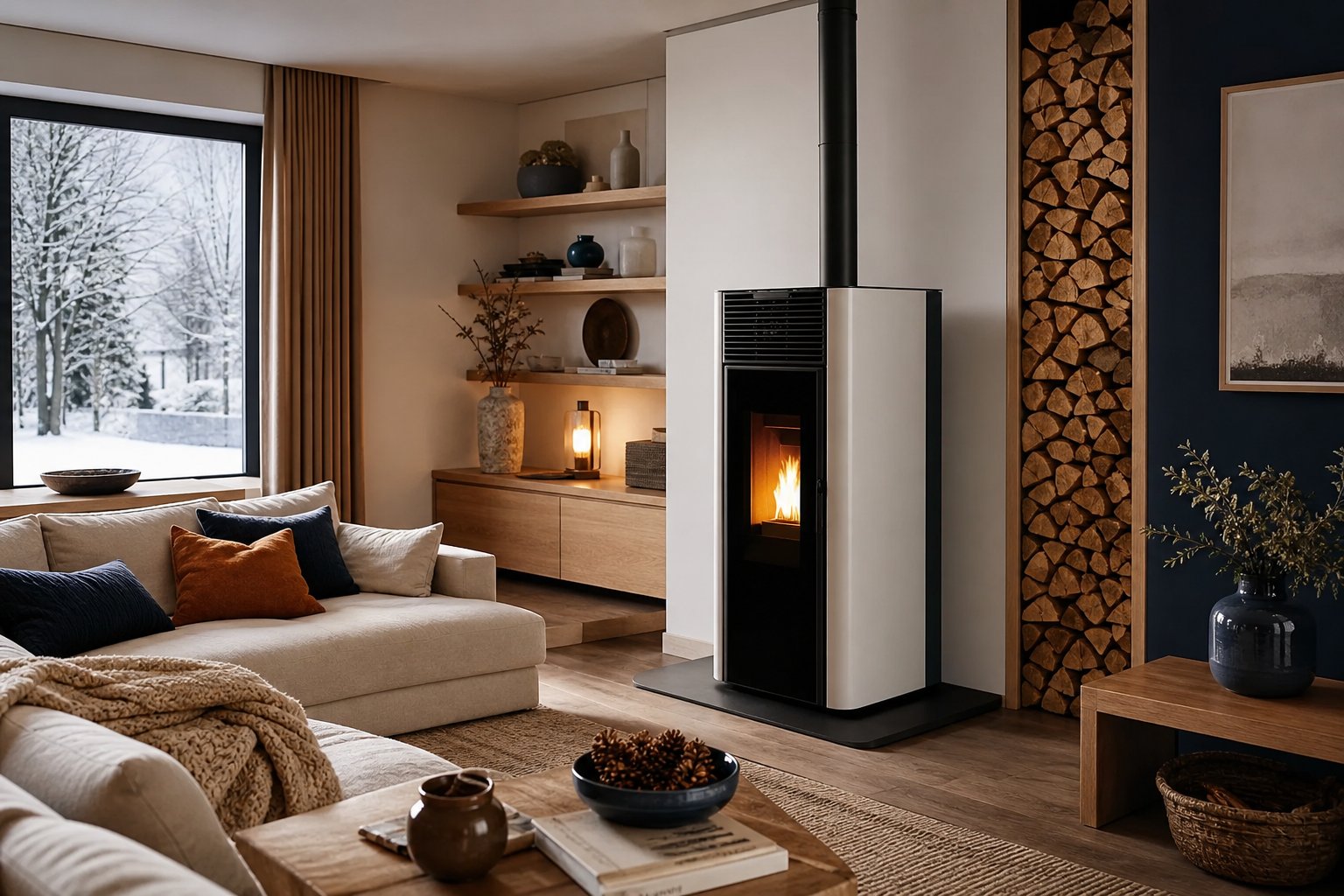 Poele a granules salon hiver chaleureux flamme cosy et canape