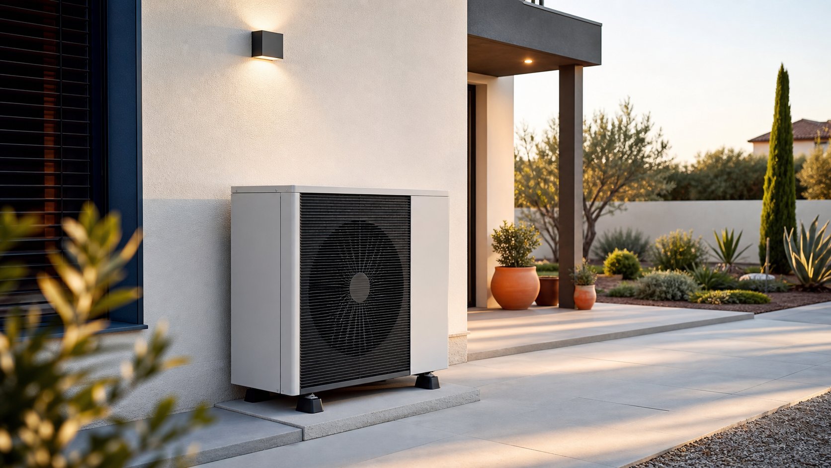 PAC air-eau maison moderne jardin paysager installation exterieure ensoleillee