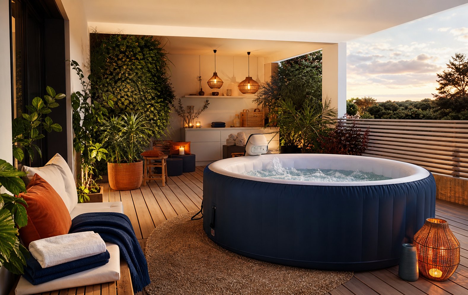 Spa gonflable moment de relaxation avec bulles a la surface dans un jardin