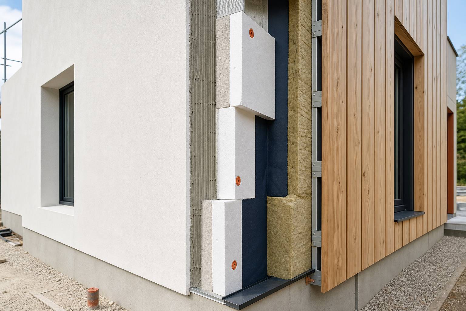 Techniques d'isolation extérieure comparées : enduit taloché et bardage bois sur isolant