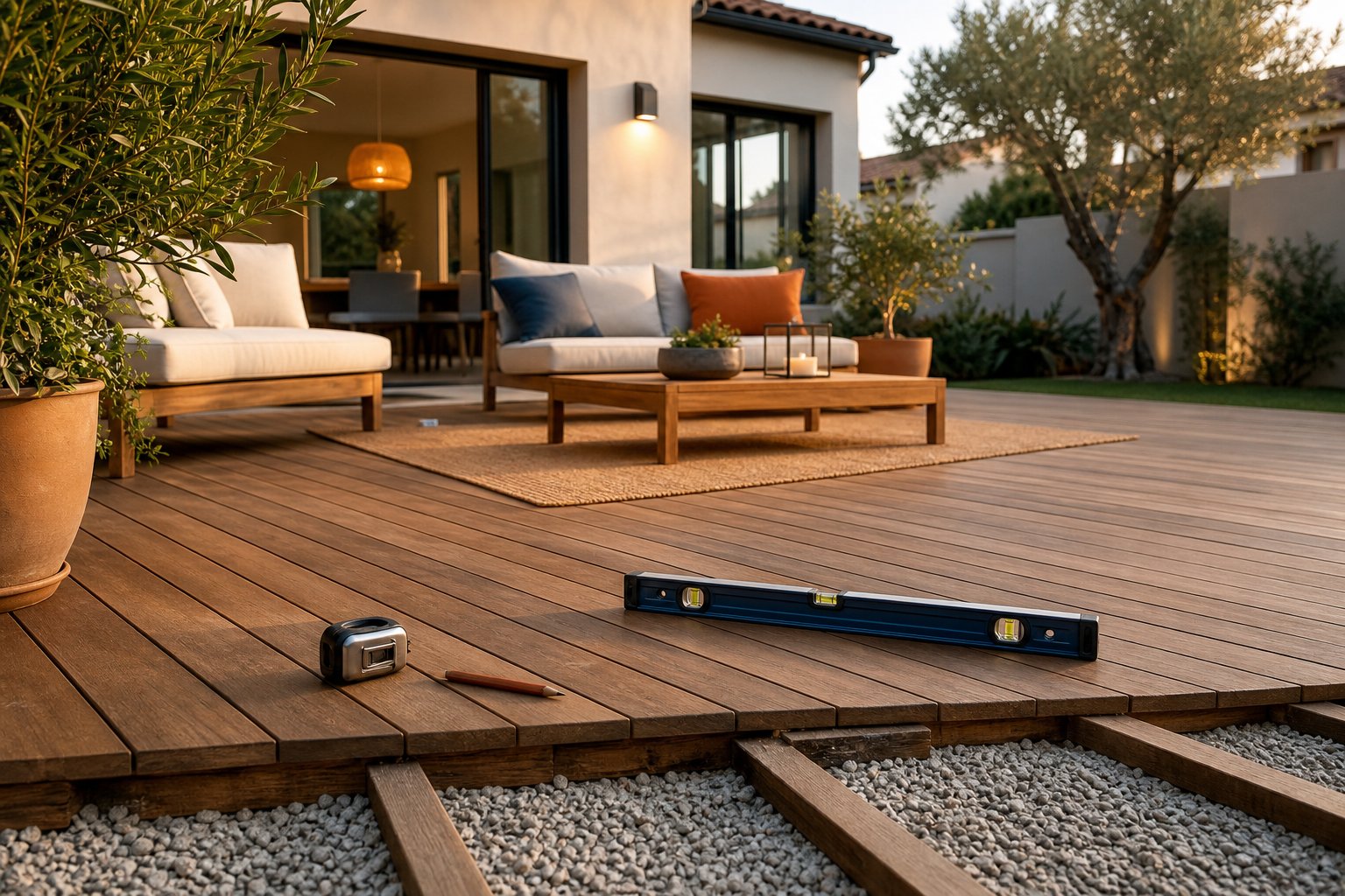 Belle terrasse en bois avec mobilier de jardin et ambiance exterieure accueillante