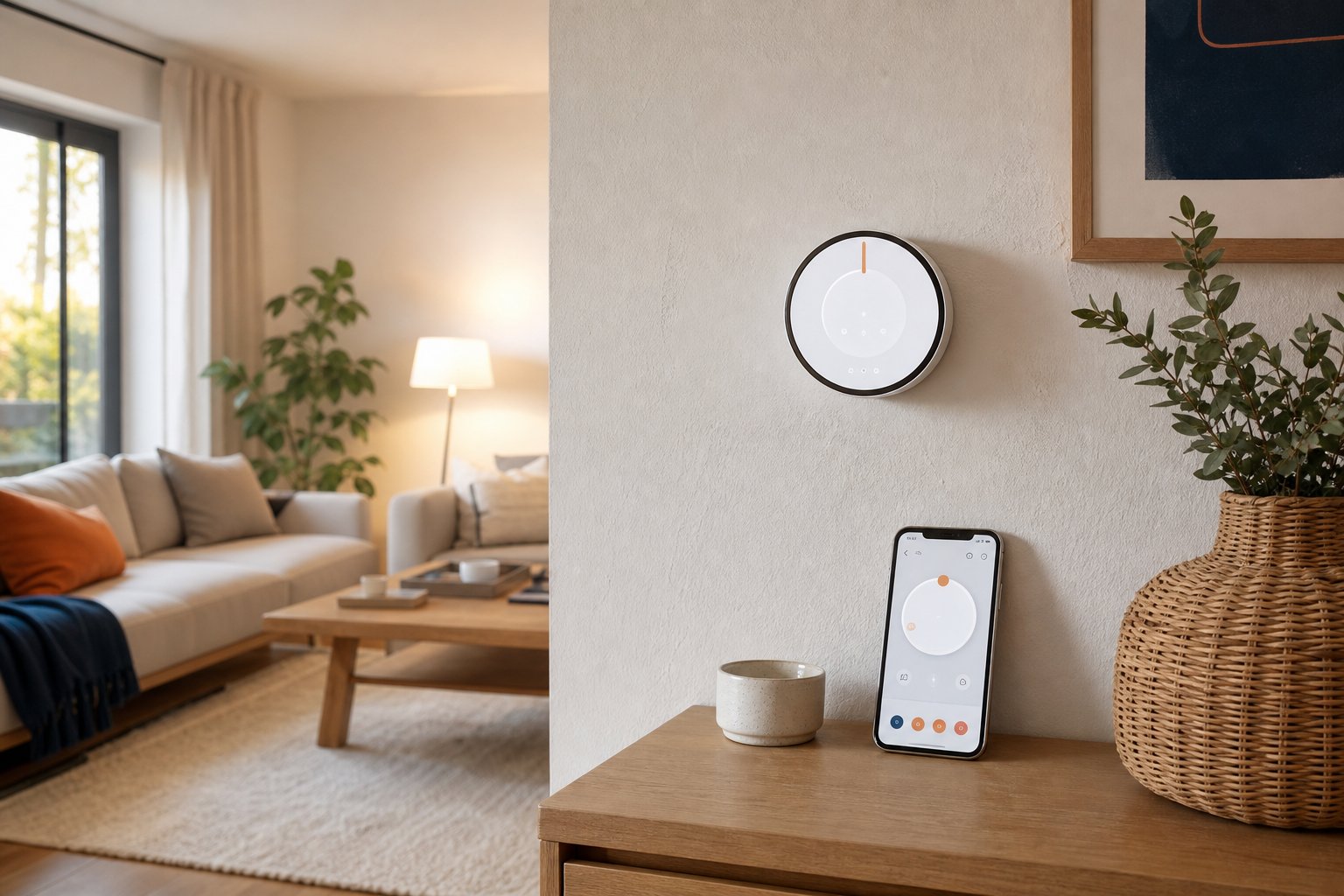 Thermostat intelligent mural avec téléphone affichant l'application de régulation