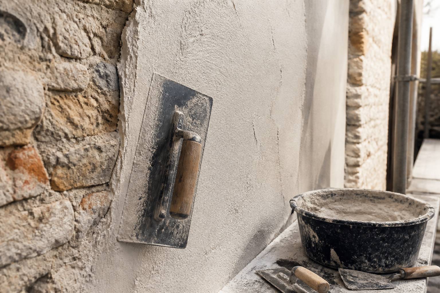Gros plan sur l'application d'un enduit de façade à la taloche