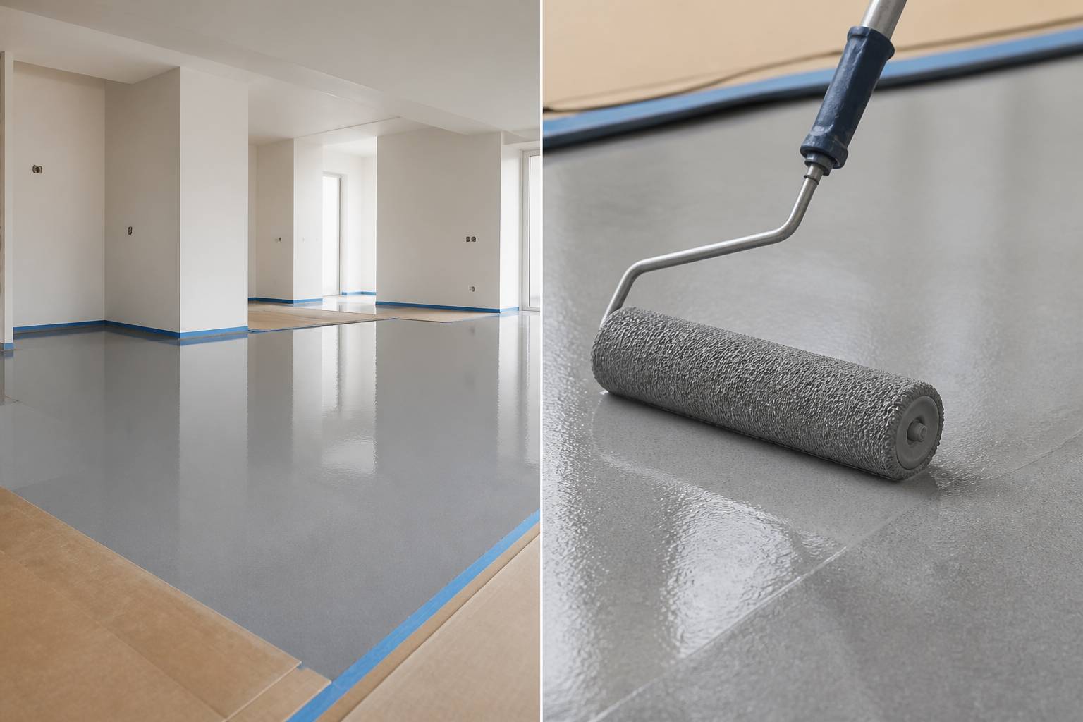 Rouleau appliquant une résine époxy brillante sur un sol en béton
