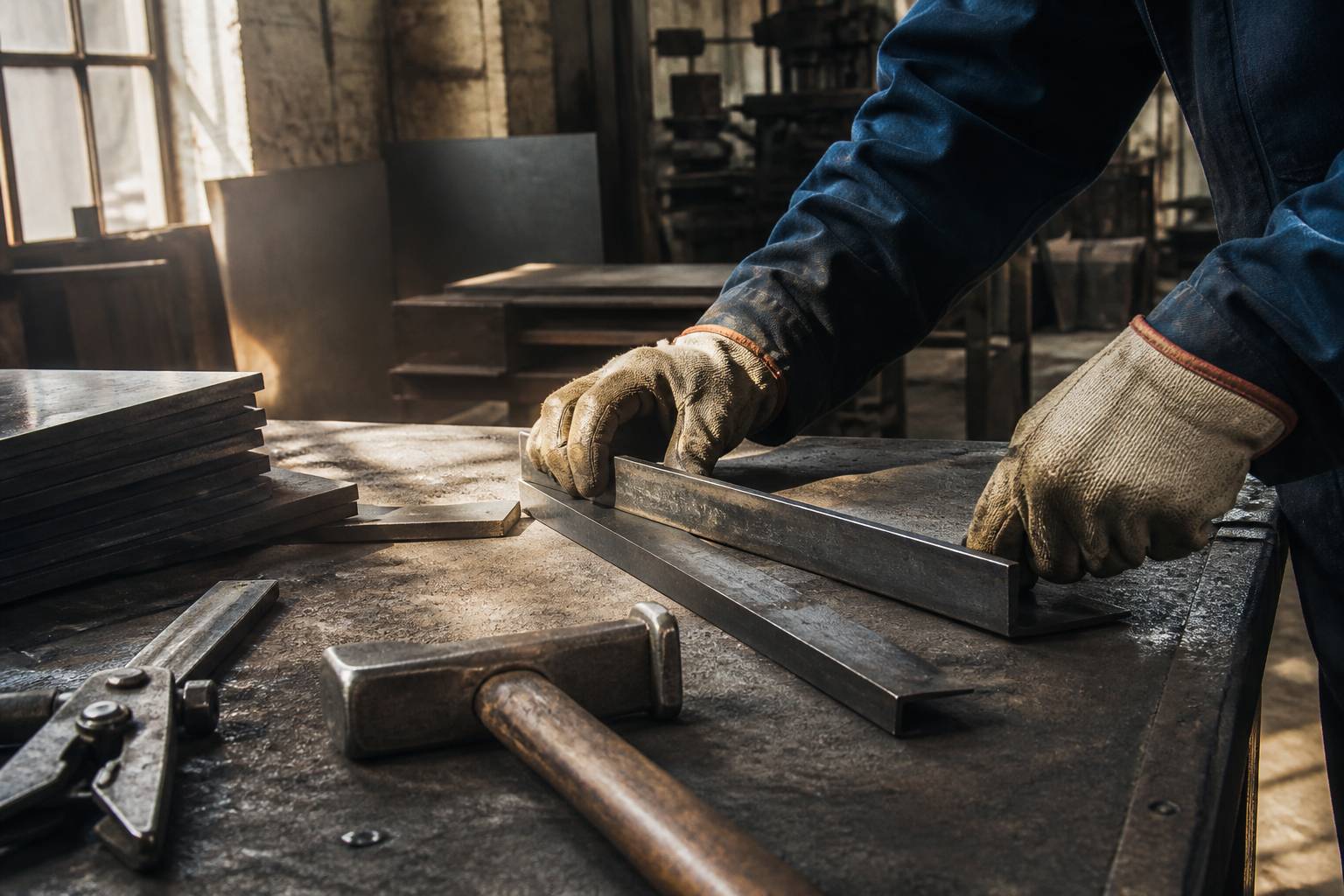 Artisan façonnant une pièce d'acier sur un établi d'atelier