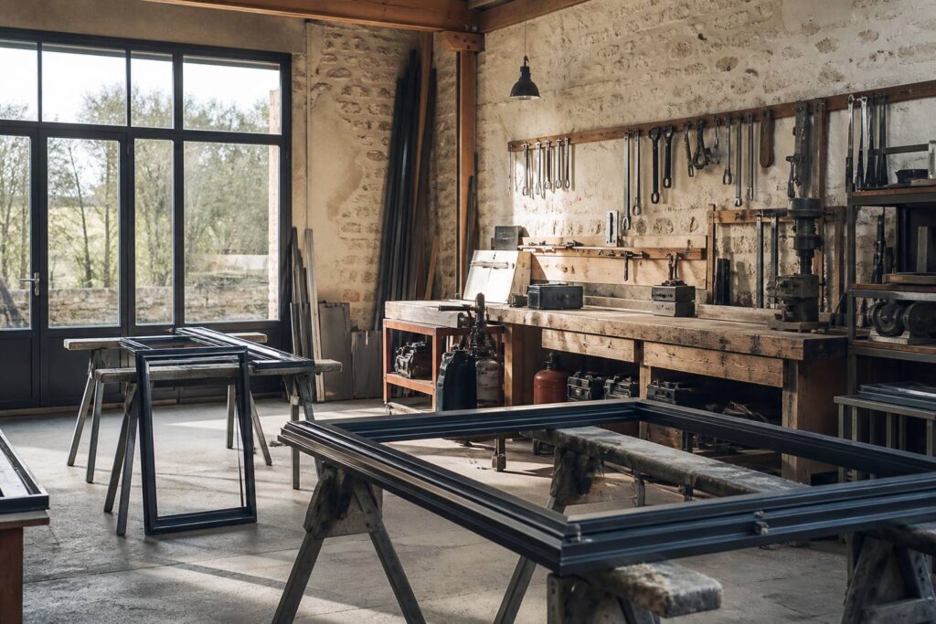 Atelier artisanal de menuiserie métallique avec portes en aluminium sur tréteaux