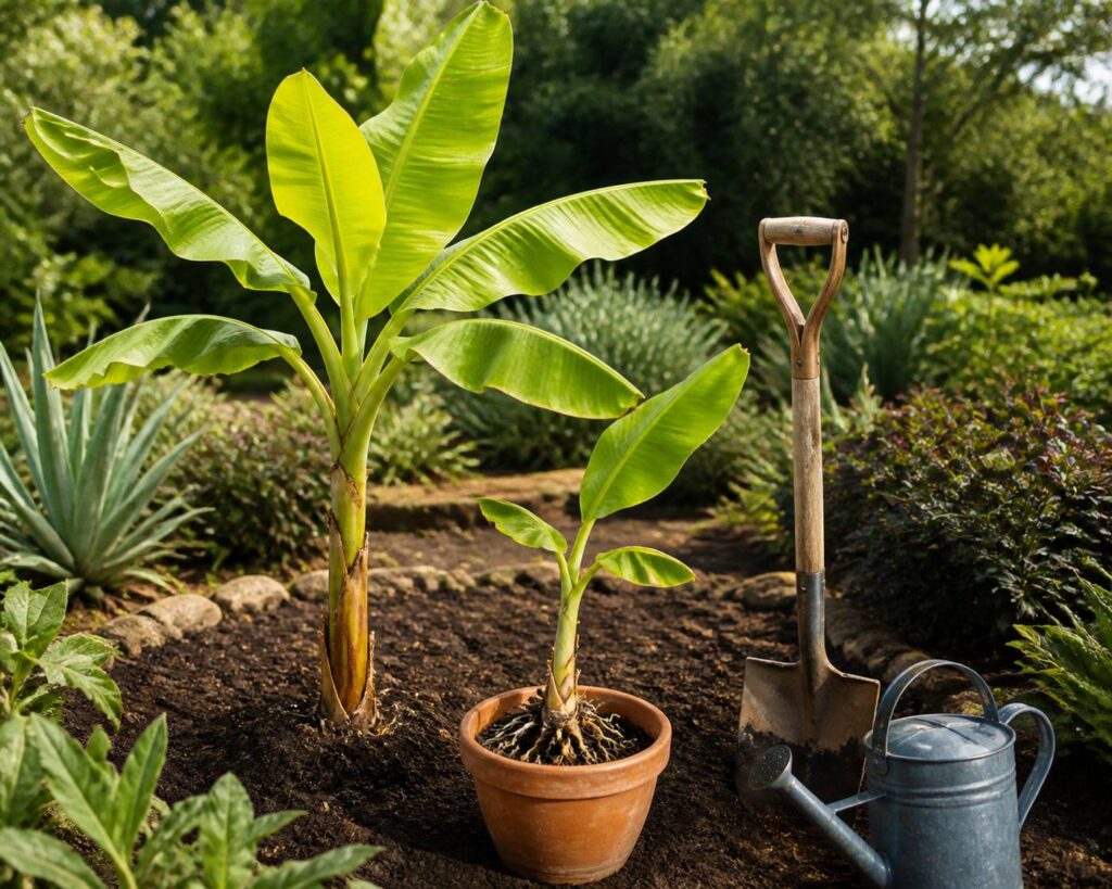 Jeune bananier avec rejet en pot et bêche dans un jardin