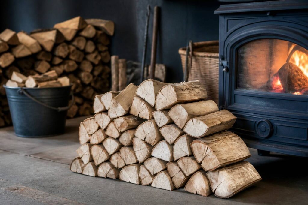 Bûches de bois clair empilées près d'un poêle à bois