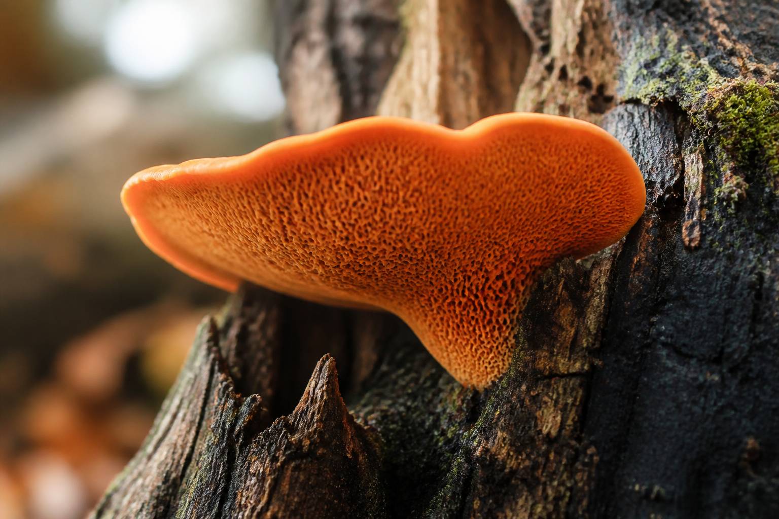 Gros plan d'un champignon orange en console sur une souche