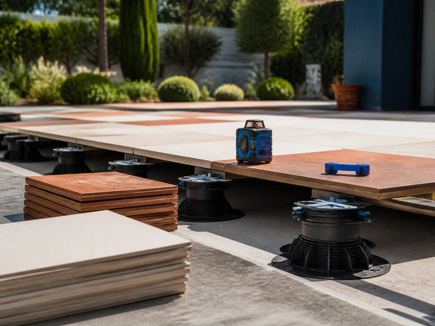 Chantier de pose de carrelage sur plots avec niveau laser