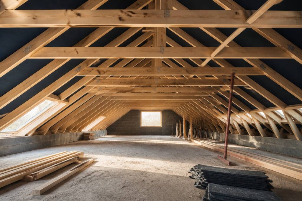 Fermettes de charpente en bois dans les combles d'une maison en construction