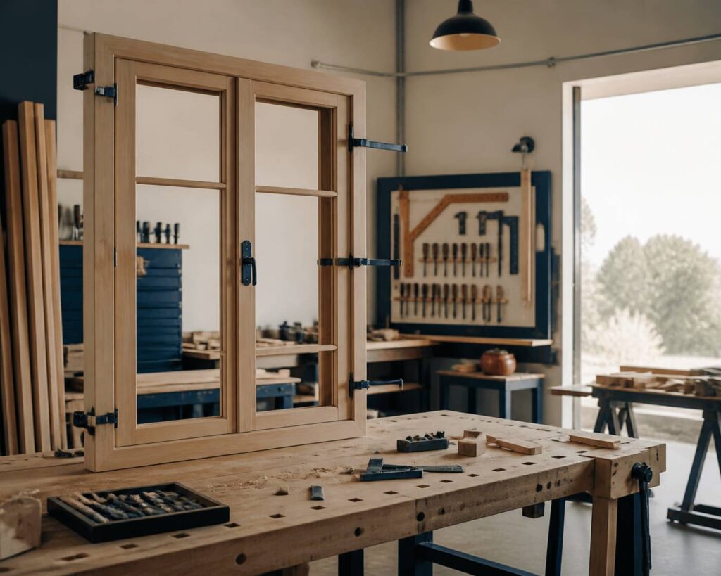 Fenêtre en bois avec poignée crémone dans un atelier de menuiserie