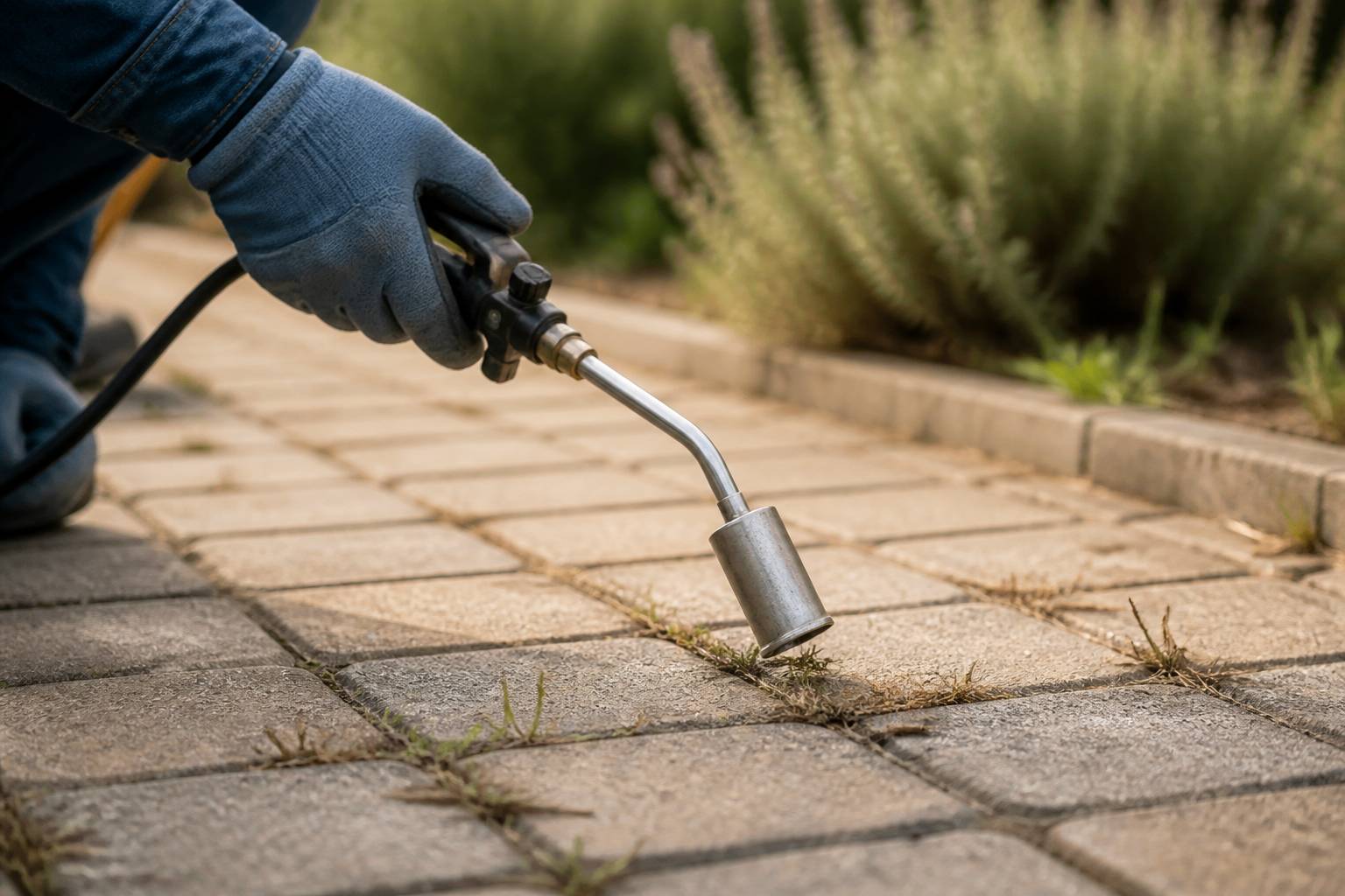 Mains gantées passant un désherbeur thermique sur les joints d'une terrasse
