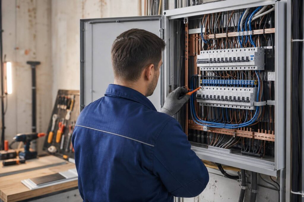 Électricien vérifiant un tableau électrique avec des disjoncteurs
