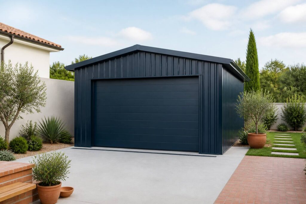 Garage préfabriqué en tôle laquée avec porte sectionnelle dans une cour