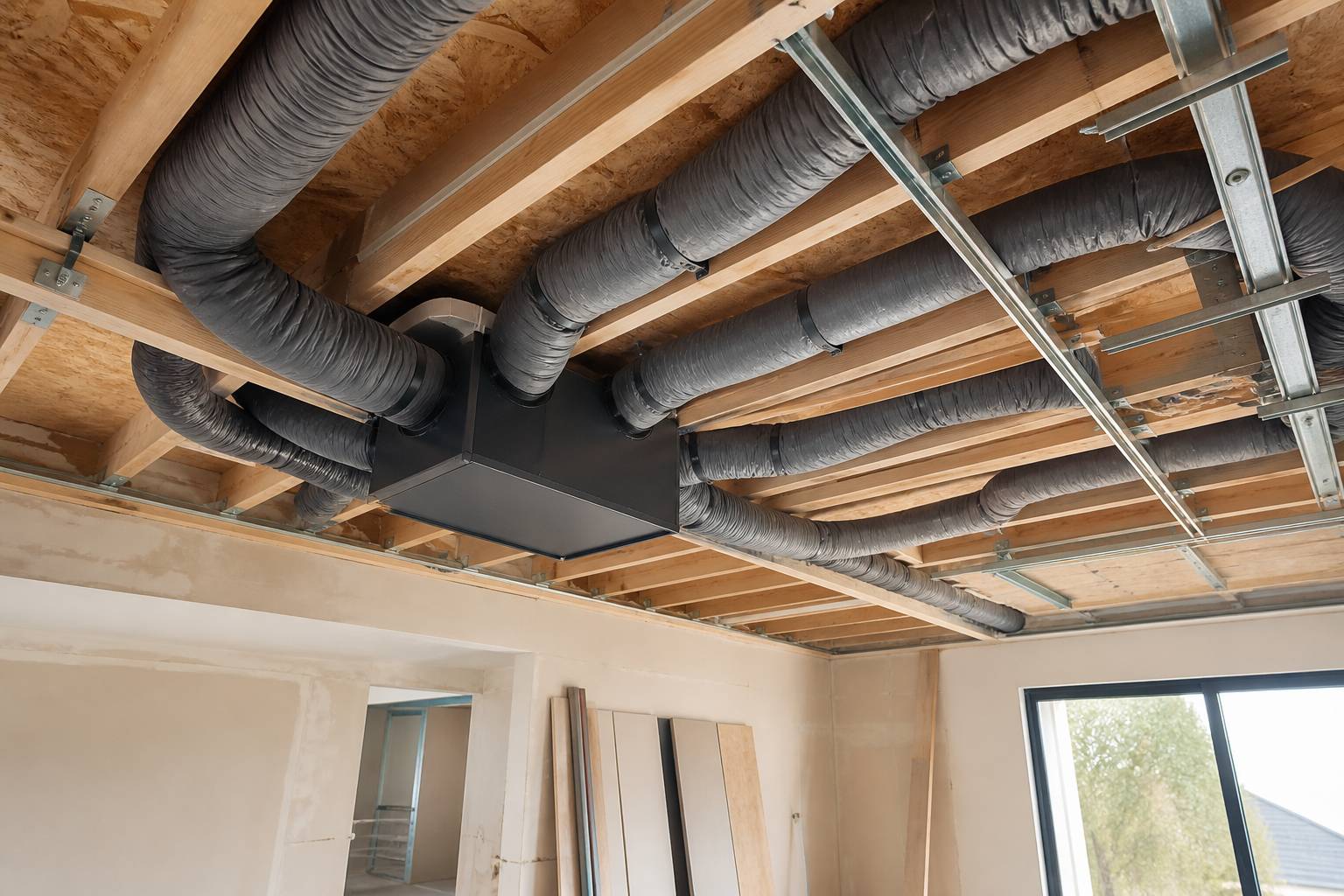 Gaines de ventilation installées au plafond avec caisson central dans un logement