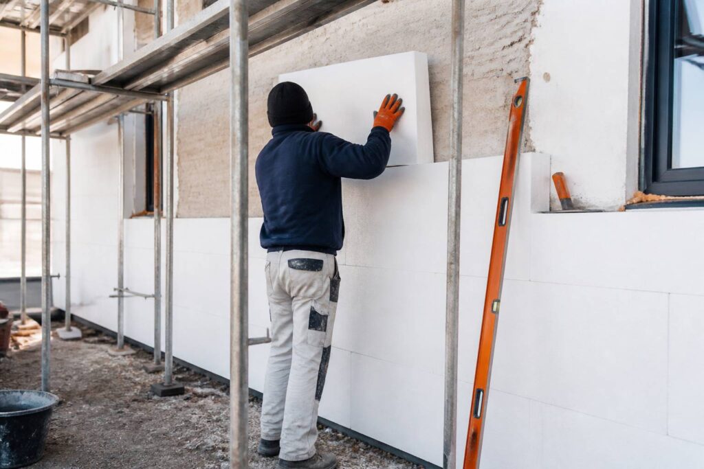 Panneaux blancs de polystyrène posés contre un mur