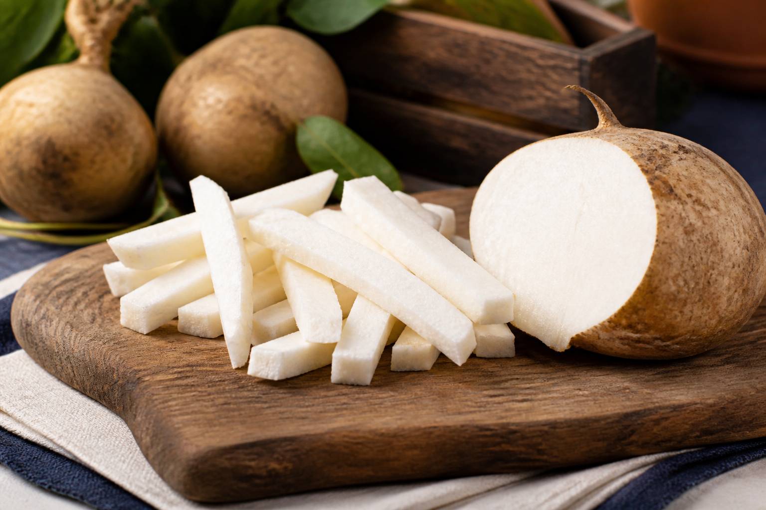 Jicama épluché coupé en bâtonnets croquants sur planche en bois