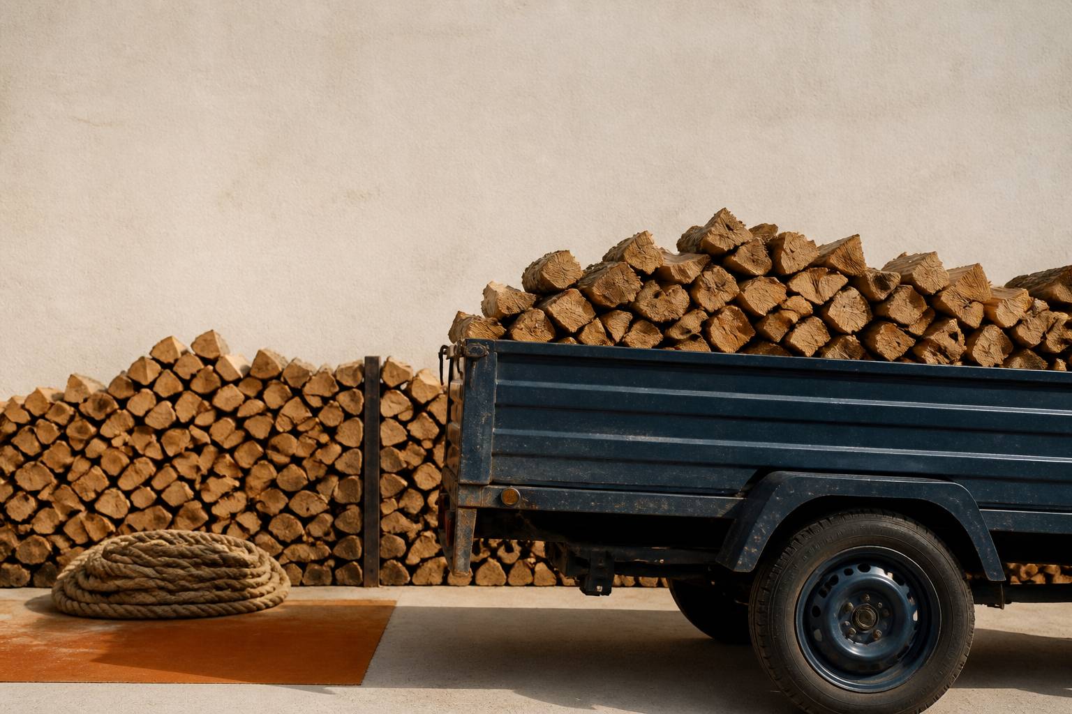 Bûches de bois empilées dans une remorque de livraison