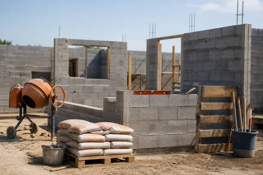 Chantier de construction avec des murs en parpaings et des sacs de ciment