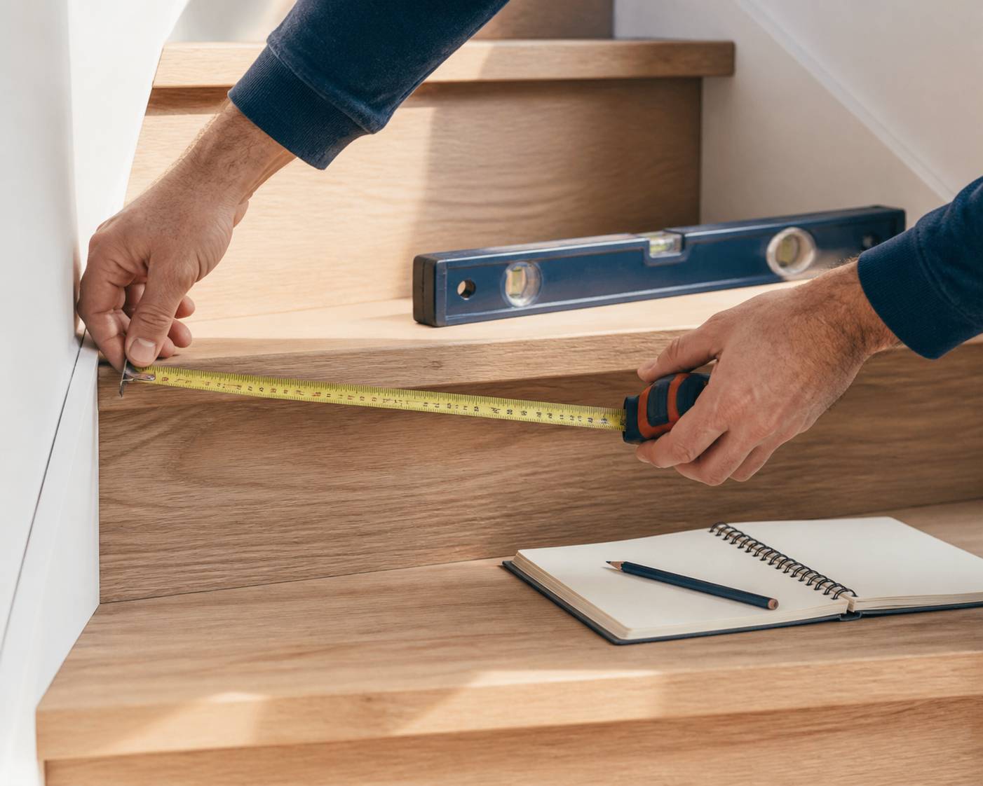 Mains mesurant un escalier avec un mètre ruban pour un devis