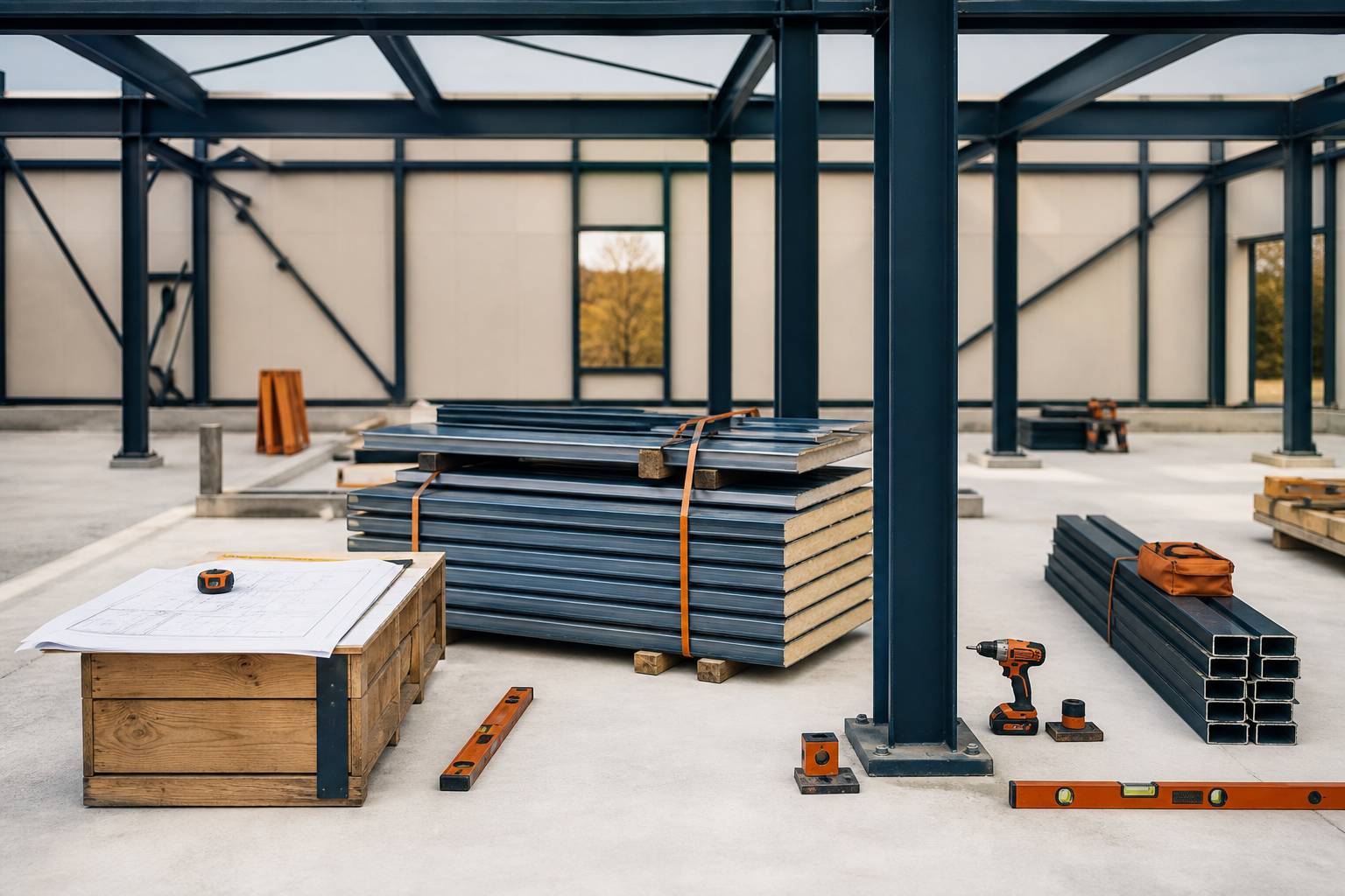 Panneaux métalliques et outillage sur une dalle de chantier