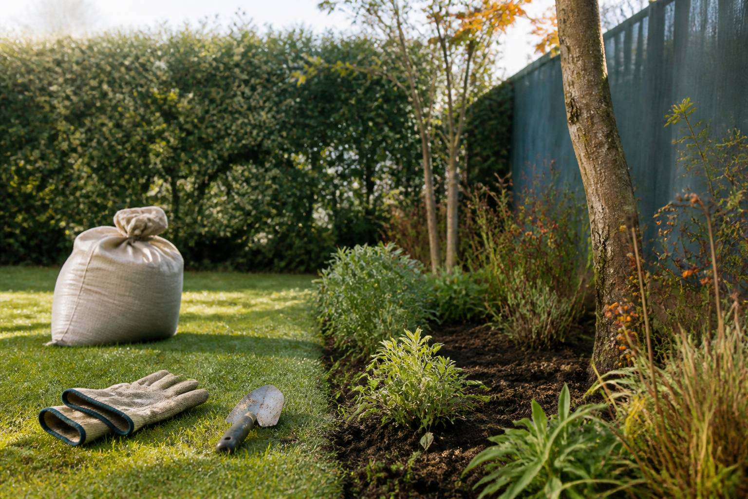 Gants de jardinage et pelle avec un sac pour nettoyer les crottes
