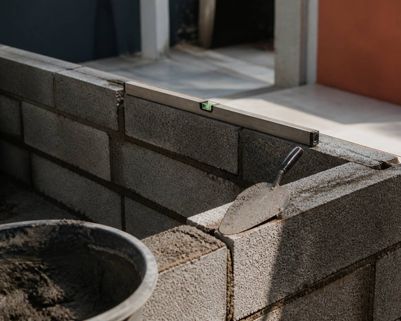 Mur en parpaings avec un niveau à bulle et une truelle posée dessus