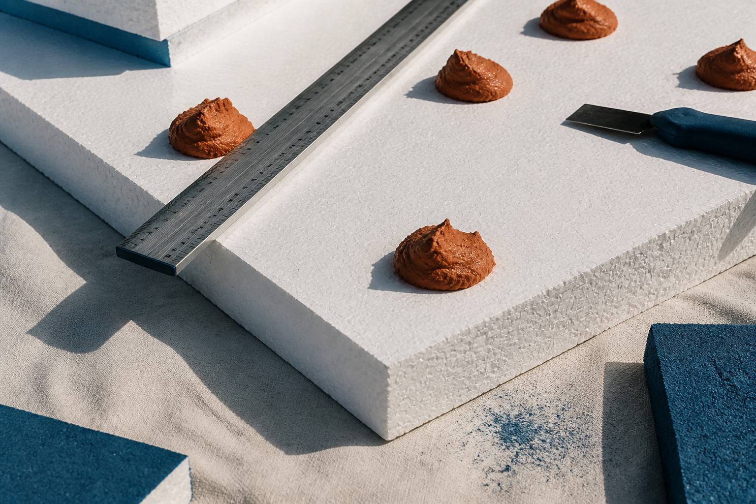 Panneau isolant blanc à surface granuleuse avec outils