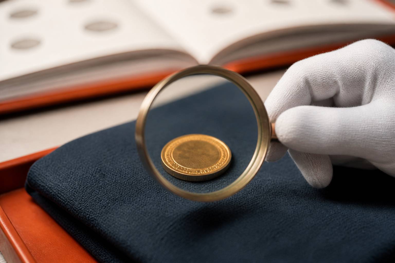 Pièce de monnaie examinée à la loupe avec une main gantée