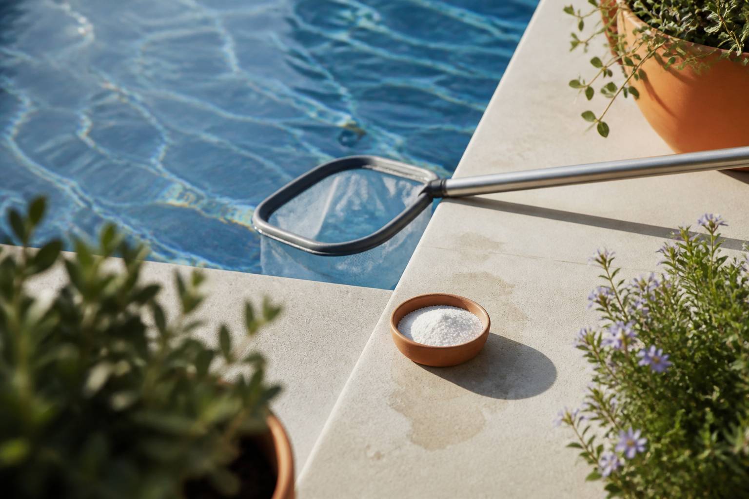 Surface d'eau de piscine avec épuisette et poudre blanche