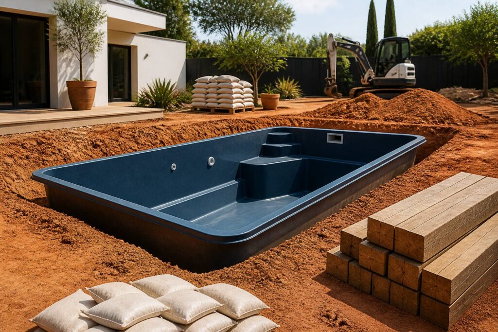 Piscine coque bleue en cours d'installation dans un jardin