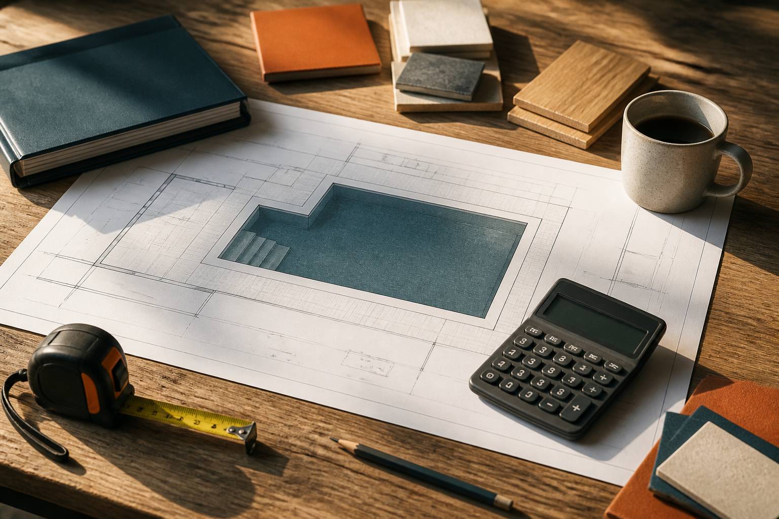 Plan de piscine avec calculatrice et mètre ruban sur une table