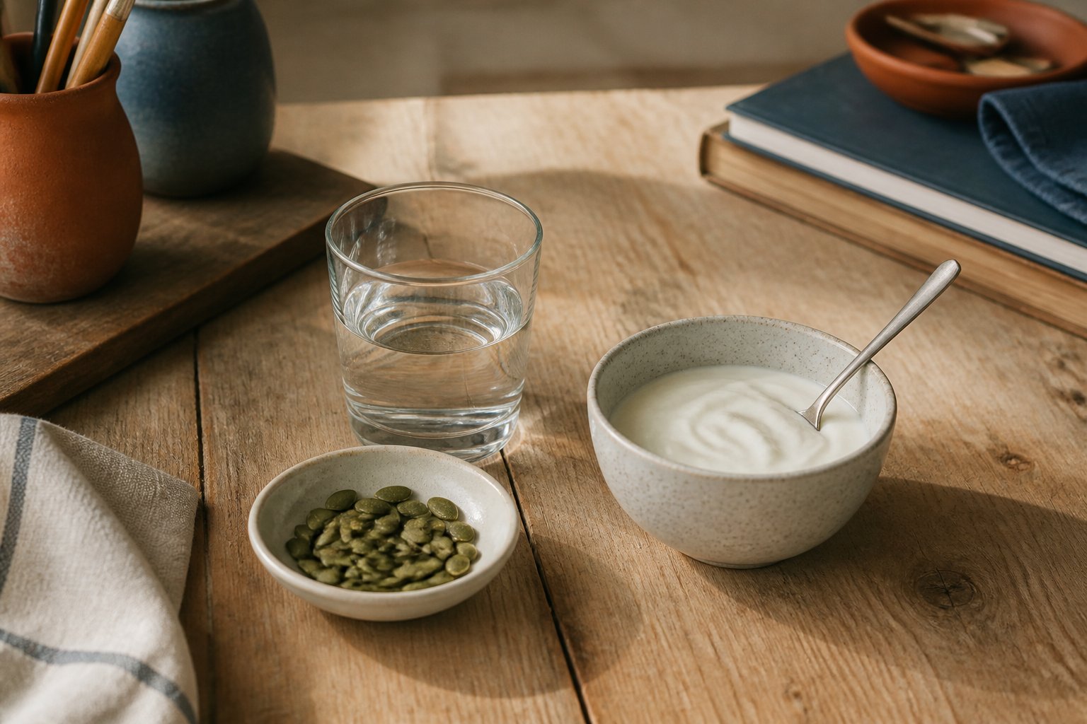 Petite coupelle de graines de courge avec un verre d'eau et un yaourt nature