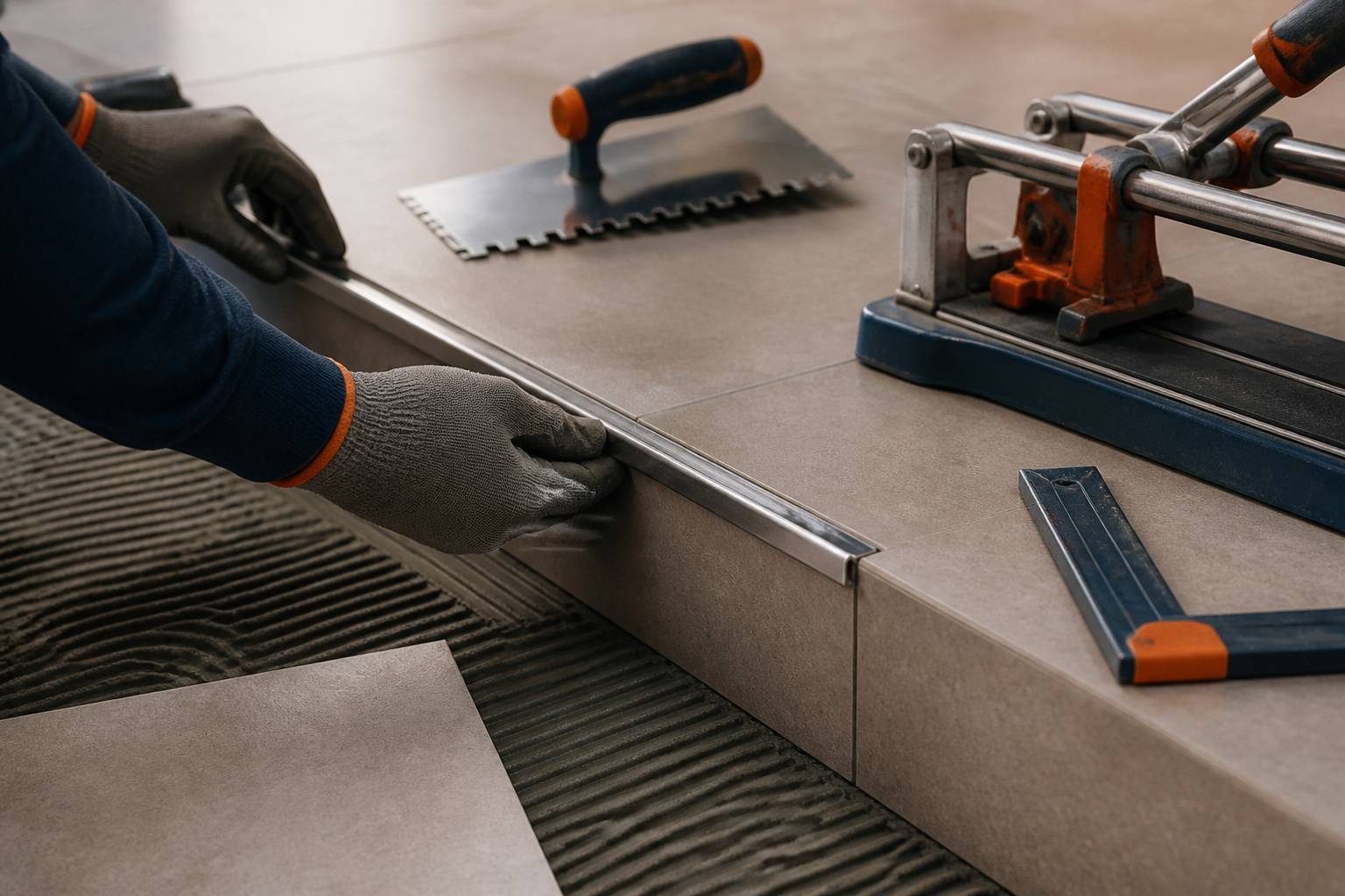 Pose de baguettes de finition sur carrelage avec spatule crantée et outillage