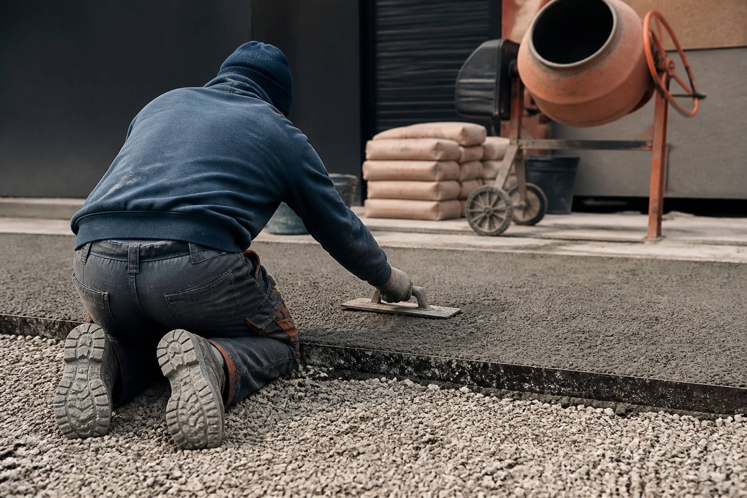 Ouvrier talochant une surface en béton drainant sur fondation en gravier