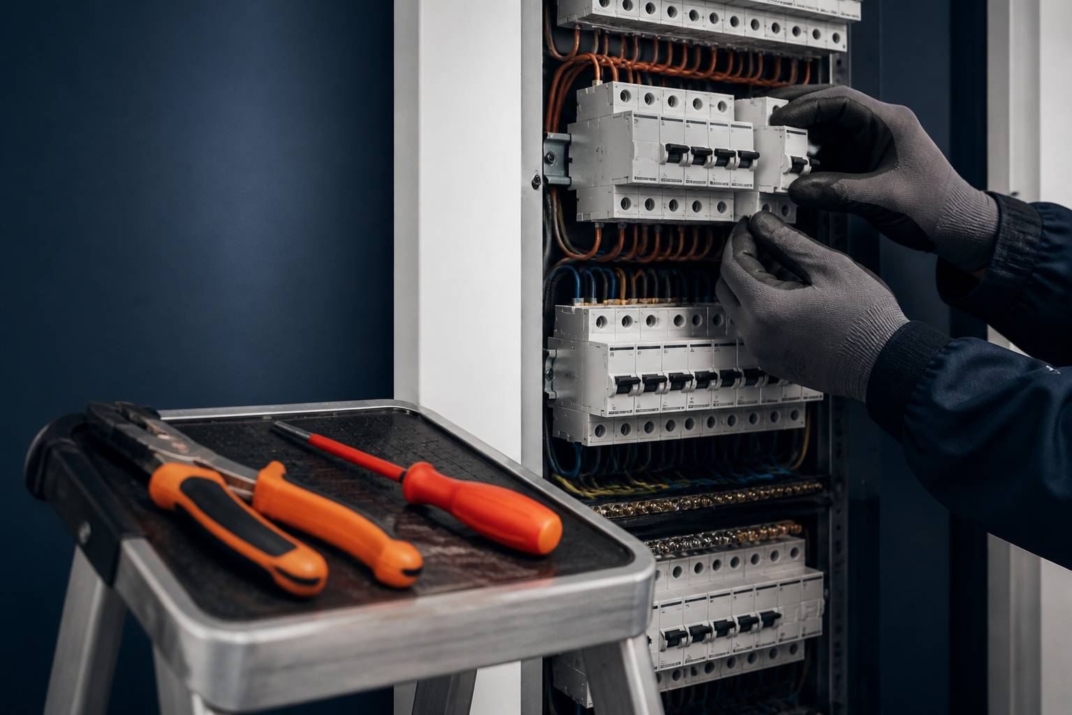 Mains gantées fixant un disjoncteur dans un tableau électrique