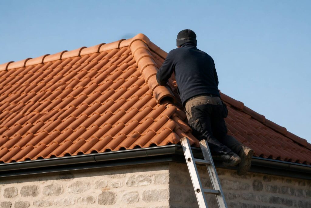 Toiture en rénovation avec tuiles faîtières posées au sommet