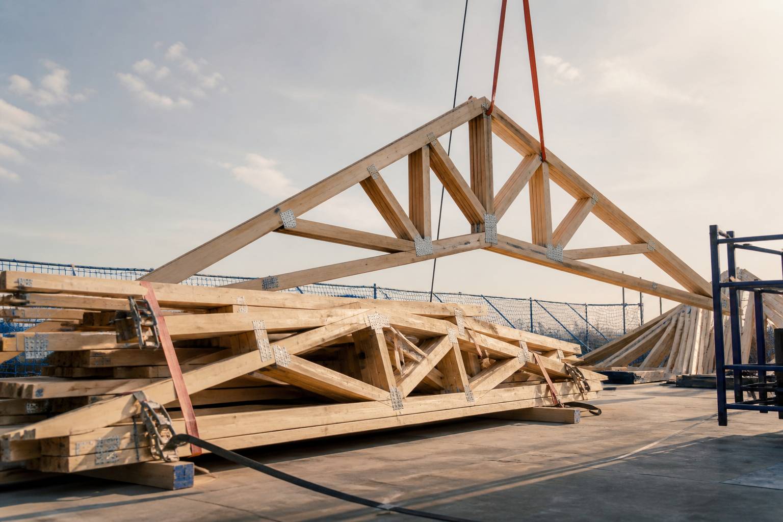 Fermettes en bois empilées près d'une structure de toit en cours de montage