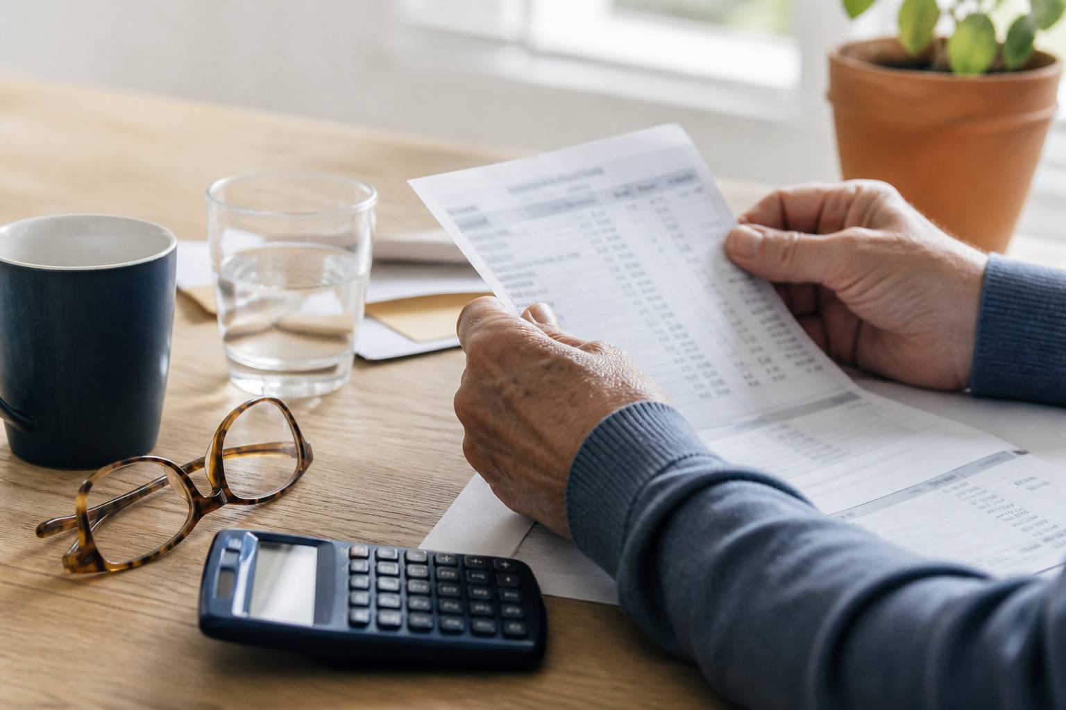 Mains tenant un relevé bancaire près d'une calculatrice