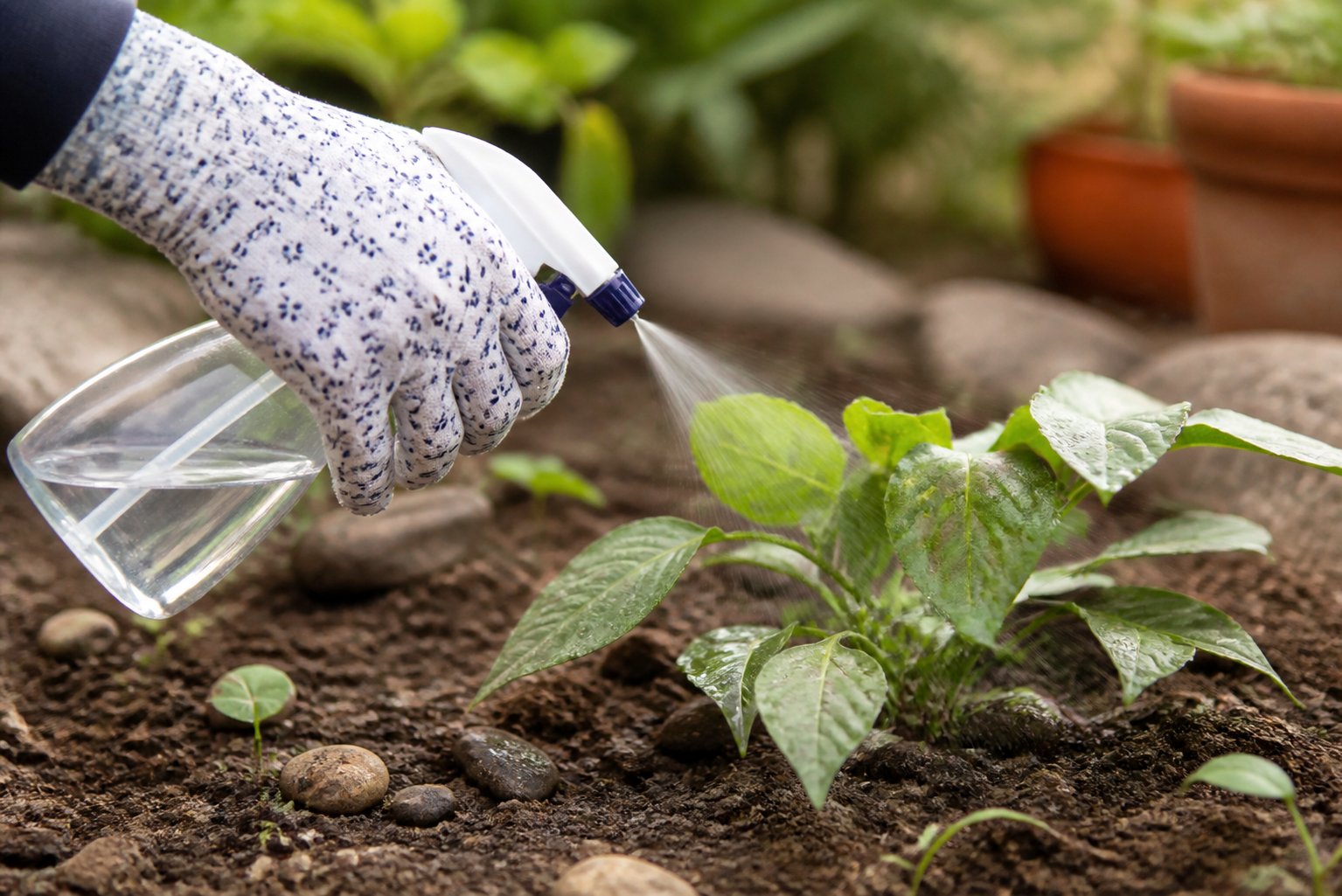 Main gantée pulvérisant une solution naturelle au pied d'une plante de potager