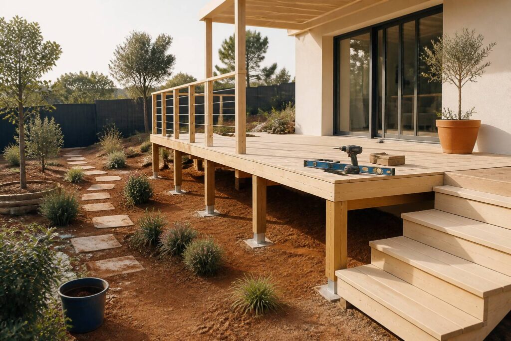 Terrasse en bois sur pilotis en cours de construction dans un jardin soigné