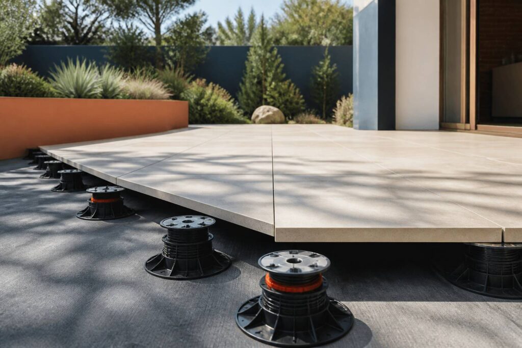 Terrasse en carrelage sur plots avec dalles surélevées et plots visibles
