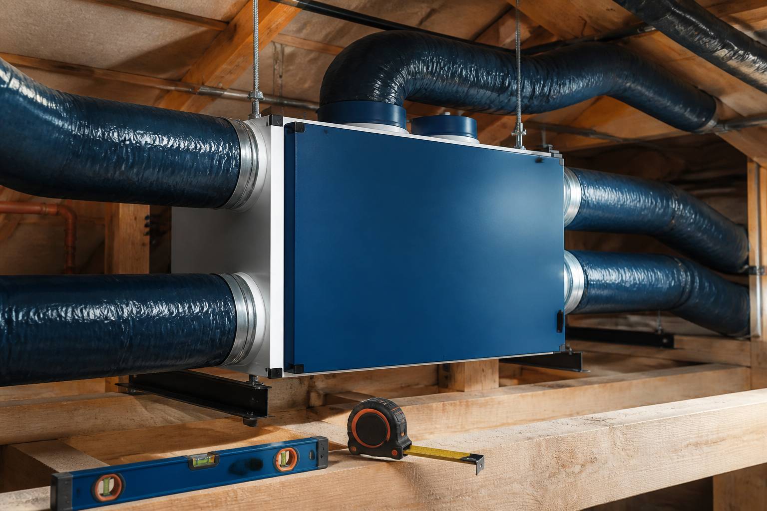Caisson de VMC double flux, gaines isolées et colliers de fixation sur un chantier
