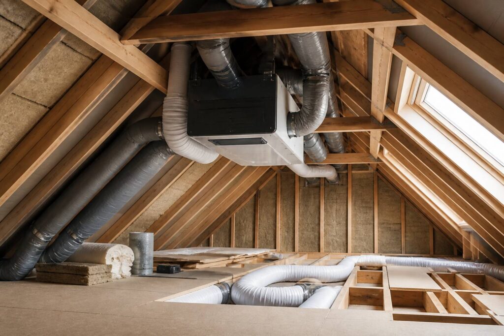 Installation d'une VMC double flux dans des combles avec gaines et caisson fixés à la charpente